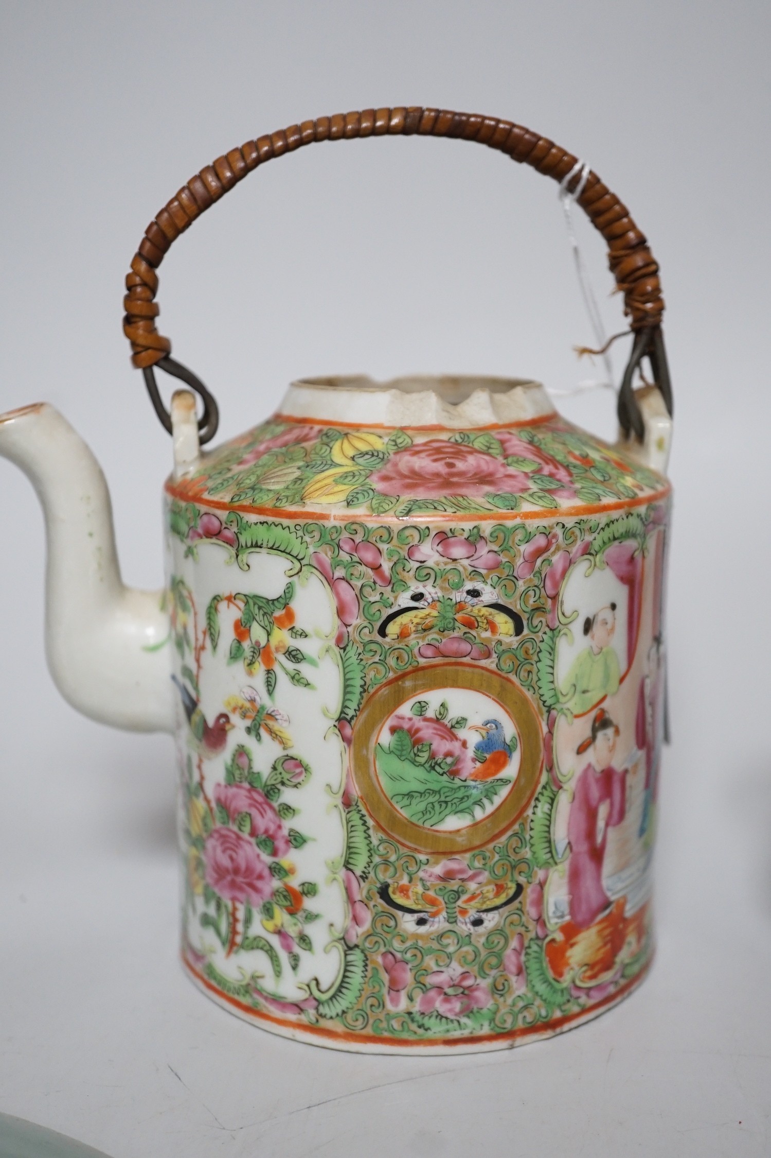 A pair of Chinese celadon ground famille rose plates, a Chinese famille rose tea pot and a bronze censer, plates 26cms diameter